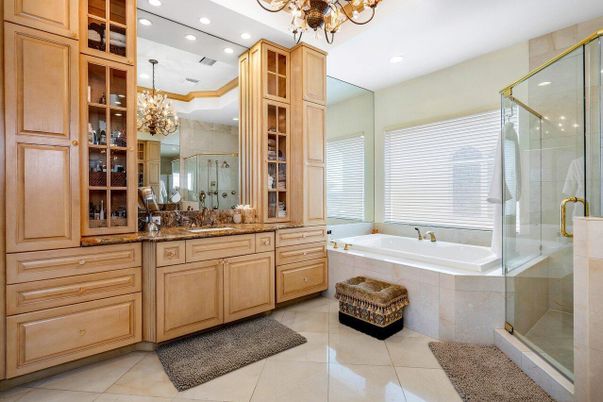 Bathroom, Chandelier, Dual Sink Vanities, Glass Shower, Interior, Recessed Lighting