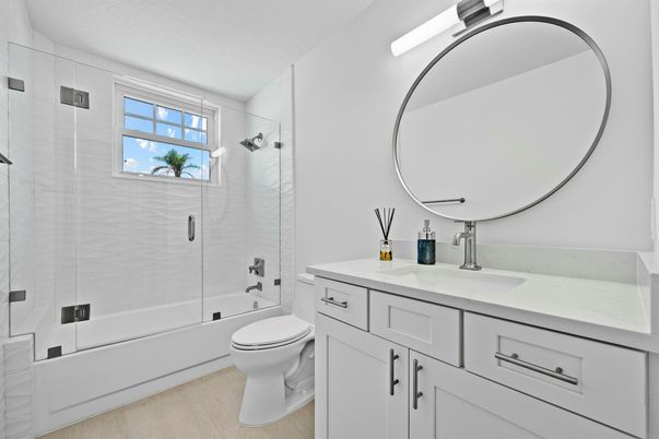Bathroom, Glass Shower, Interior, Wood Texture Flooring