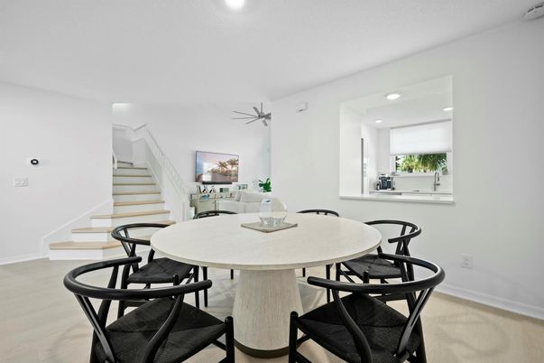Dining room, Interior, Recessed Lighting, Wood Texture Flooring