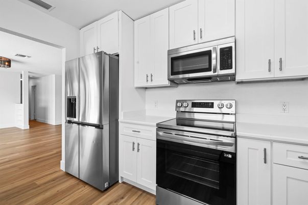 Interior, Kitchen, Stainless Steel Appliances, Wood Texture Flooring