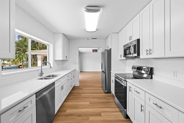 Interior, Kitchen, Stainless Steel Appliances, Wood Texture Flooring