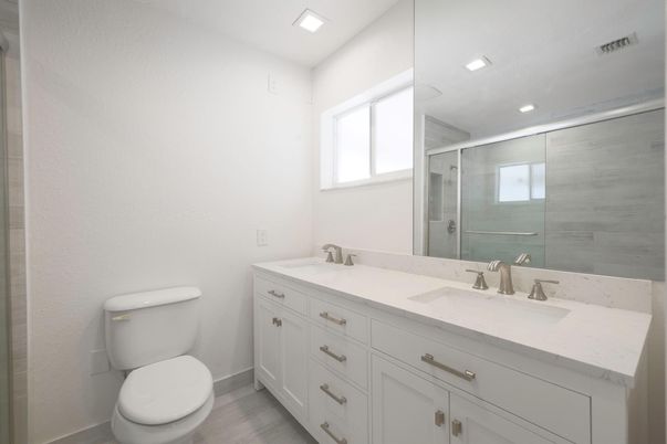 Bathroom, Dual Sink Vanities, Glass Shower, Interior, Recessed Lighting