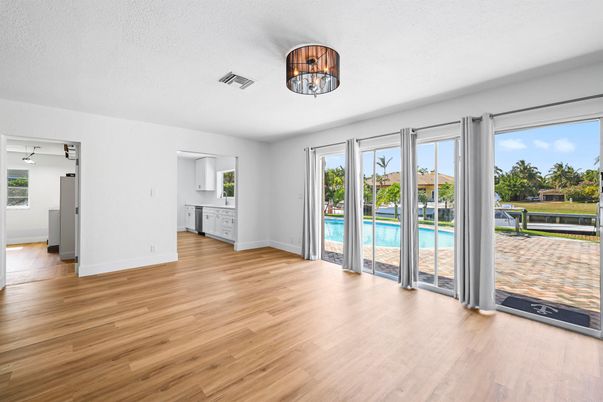 Chandelier, Empty room, Interior, Wood Texture Flooring