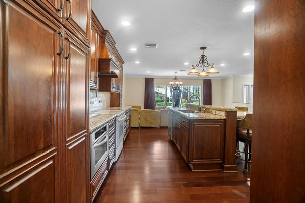 Chandelier, Interior, Kitchen, Recessed Lighting, Wood Texture Flooring