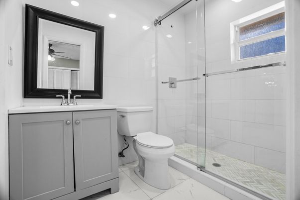 Bathroom, Glass Shower, Interior, Marble, Recessed Lighting