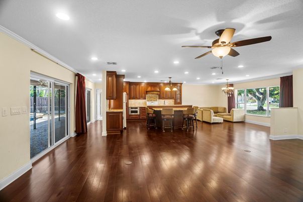Chandelier, Dining room, Interior, Kitchen, Living room, Pendant Lights, Recessed Lighting, Wood Texture Flooring