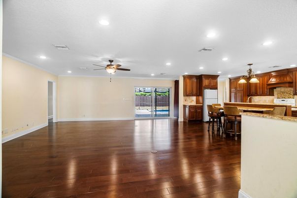 Dining room, Empty room, Interior, Kitchen, Recessed Lighting, Wood Texture Flooring