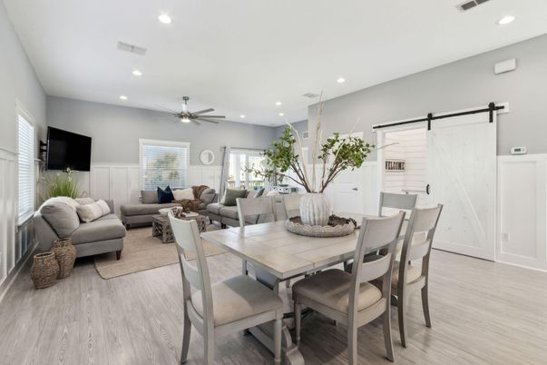 Dining room, Interior, Living room, Recessed Lighting, Wood Texture Flooring