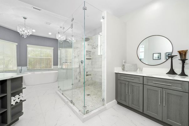 Bathroom, Chandelier, Dual Sink Vanities, Free Standing Baths, Glass Shower, Interior, Marble, Pendant Lights, Recessed Lighting