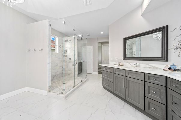 Bathroom, Dual Sink Vanities, Glass Shower, Interior, Marble, Recessed Lighting