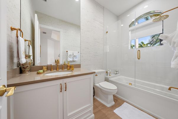 Bathroom, Glass Shower, Interior, Recessed Lighting, Wood Texture Flooring