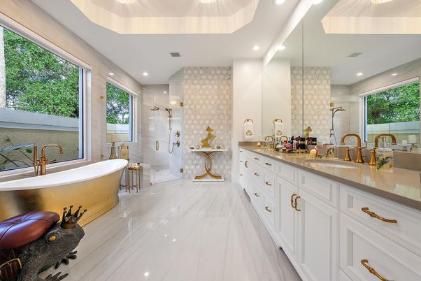 Bathroom, Dual Sink Vanities, Free Standing Baths, Glass Shower, Interior, Marble, Recessed Lighting