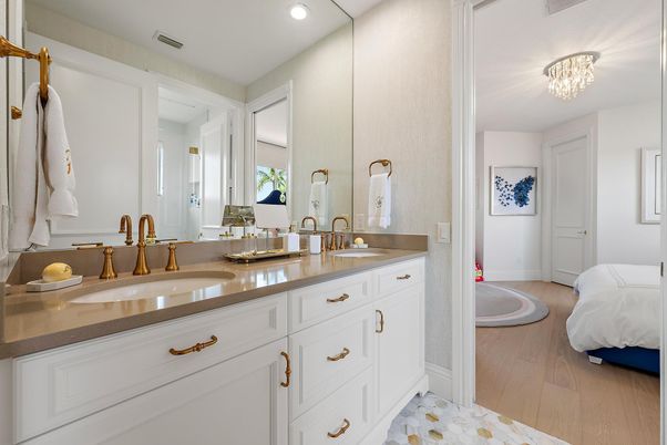 Bathroom, Dual Sink Vanities, Interior, Recessed Lighting, Wood Texture Flooring