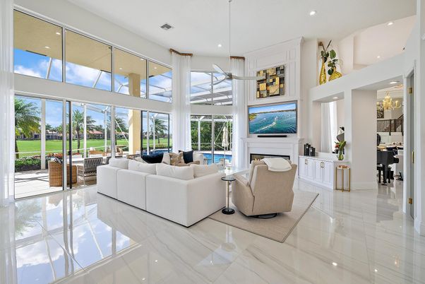 Fireplace, Interior, Living room, Marble, Pendant Lights, Recessed Lighting