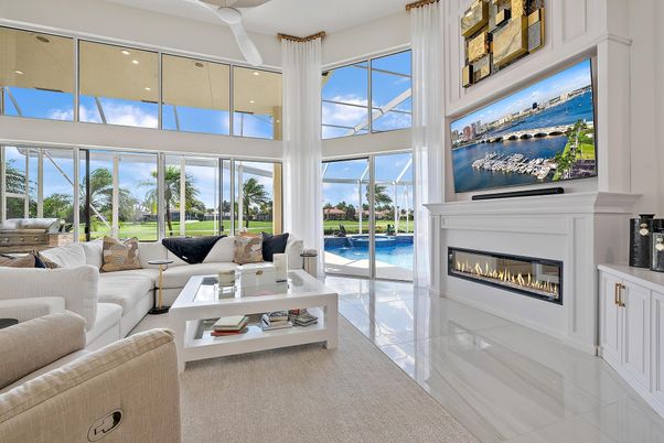 Fireplace, Interior, Living room, Recessed Lighting, Sun Room, Water
