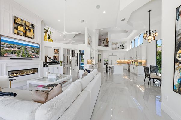 Fireplace, Interior, Kitchen, Living room, Marble, Pendant Lights, Recessed Lighting