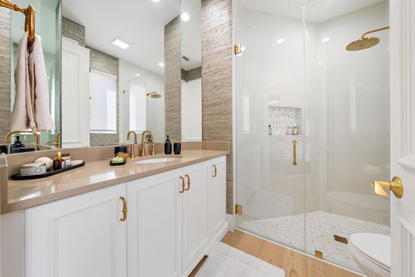 Bathroom, Dual Sink Vanities, Glass Shower, Interior, Recessed Lighting, Wood Texture Flooring