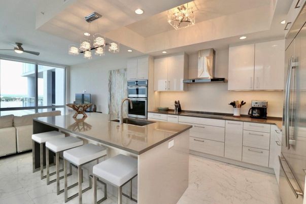 Interior, Kitchen, Marble, Pendant Lights, Recessed Lighting, Stainless Steel Appliances