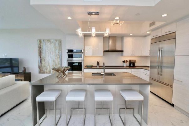 Interior, Kitchen, Marble, Pendant Lights, Recessed Lighting, Stainless Steel Appliances