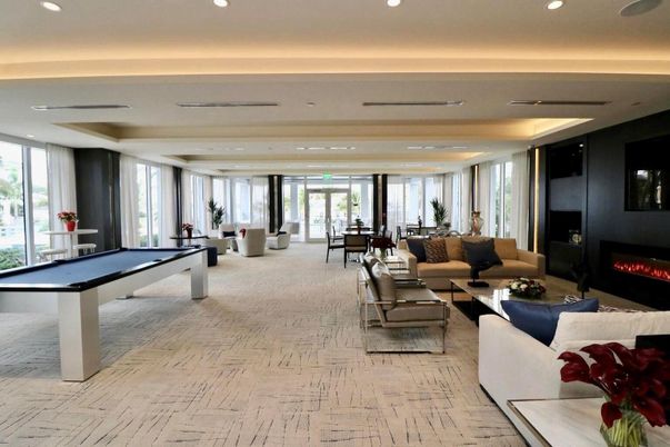 Billiard Table, Fireplace, Game Room, Interior, Living room, Recessed Lighting, Wood Texture Flooring