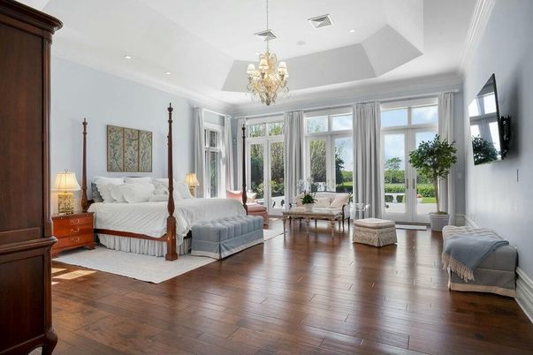 Bedroom, Chandelier, Interior, Recessed Lighting, Wood Texture Flooring