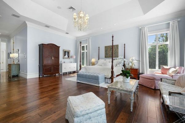 Bedroom, Chandelier, Interior, Recessed Lighting, Wood Texture Flooring