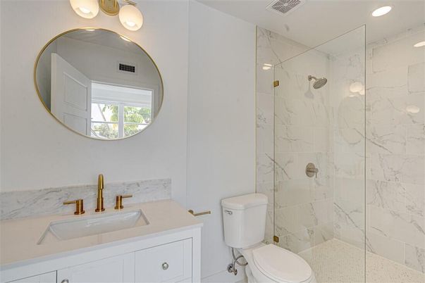 Bathroom, Glass Shower, Interior, Marble Walls, Recessed Lighting