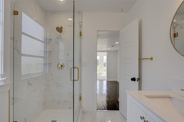 Bathroom, Glass Shower, Interior, Marble, Marble Walls, Recessed Lighting