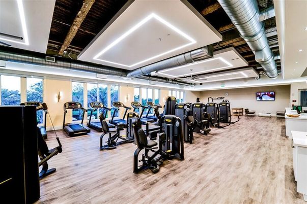 Fitness Equipment, Gym, Interior, Recessed Lighting, Wood Texture Flooring