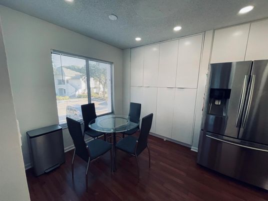 Dining room, Interior, Kitchen, Recessed Lighting, Wood Texture Flooring
