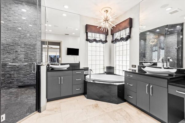 Bathroom, Dual Sink Vanities, Glass Shower, Interior, Pendant Lights, Recessed Lighting