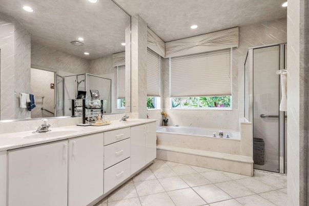 Bathroom, Dual Sink Vanities, Glass Shower, Interior, Recessed Lighting