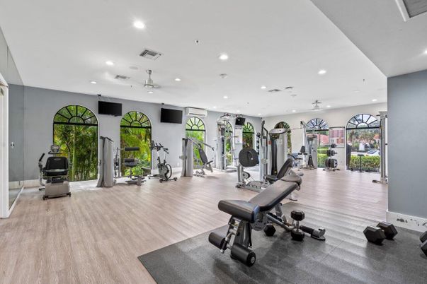 Fitness Equipment, Gym, Interior, Recessed Lighting, Wood Texture Flooring