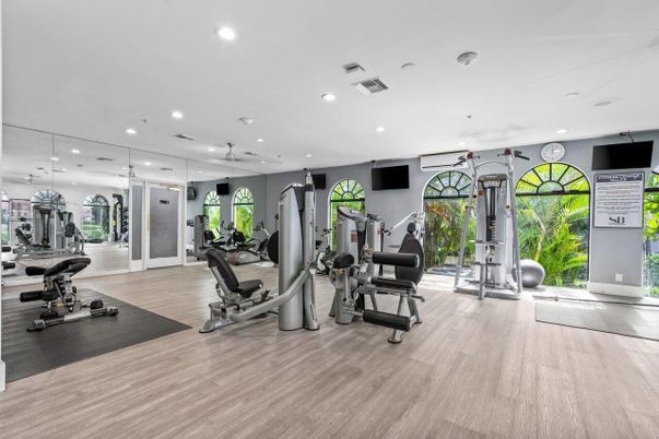 Fitness Equipment, Gym, Interior, Recessed Lighting, Wood Texture Flooring