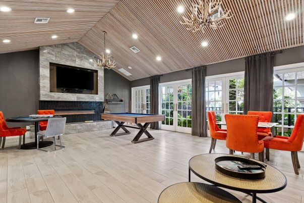 Billiard Table, Chandelier, Dining room, Fireplace, Game Room, Interior, Pendant Lights, Recessed Lighting, Wooden Ceilings, Wood Texture Flooring