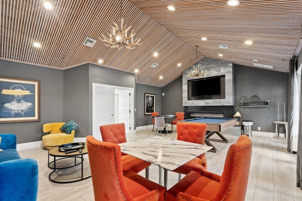 Billiard Table, Chandelier, Dining room, Fireplace, Game Room, Interior, Living room, Recessed Lighting, Wooden Ceilings, Wood Texture Flooring