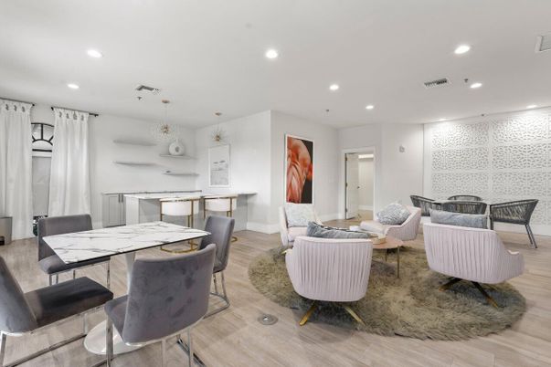 Dining room, Interior, Living room, Pendant Lights, Recessed Lighting, Wood Texture Flooring