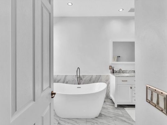 Bathroom, Free Standing Baths, Interior, Marble, Recessed Lighting