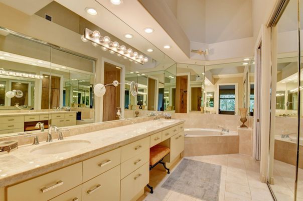 Bathroom, Dual Sink Vanities, Interior, Recessed Lighting, Tile Countertops