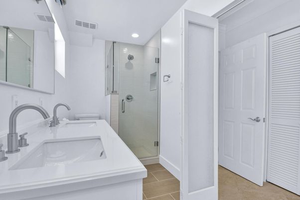 Bathroom, Dual Sink Vanities, Glass Shower, Interior, Recessed Lighting
