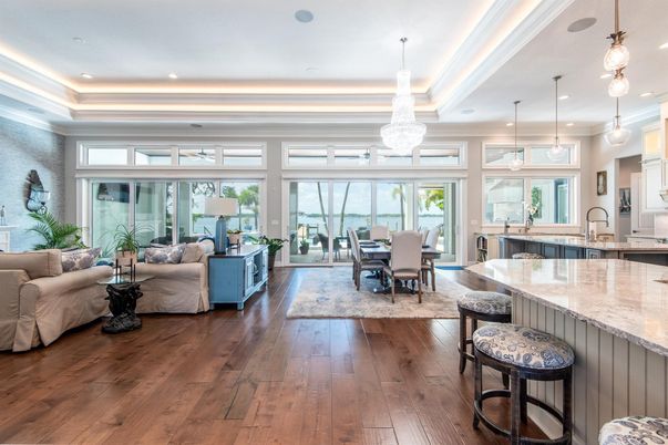 Chandelier, Dining room, Interior, Kitchen, Living room, Pendant Lights, Recessed Lighting, Water, Wood Texture Flooring