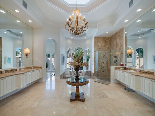 Bathroom, Chandelier, Glass Shower, Interior, Pendant Lights, Recessed Lighting
