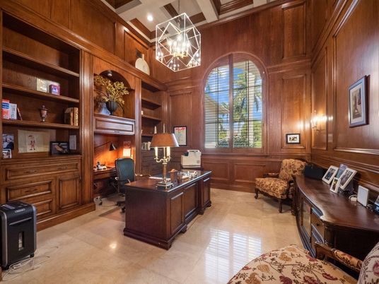 Chandelier, Home Office, Interior, Pendant Lights, Recessed Lighting, Wooden Beams, Wooden Walls