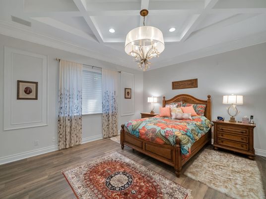 Bedroom, Chandelier, Interior, Recessed Lighting, Wood Texture Flooring