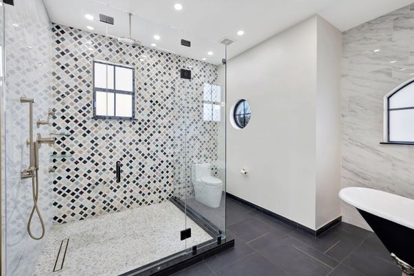 Bathroom, Glass Shower, Interior, Marble Walls, Recessed Lighting