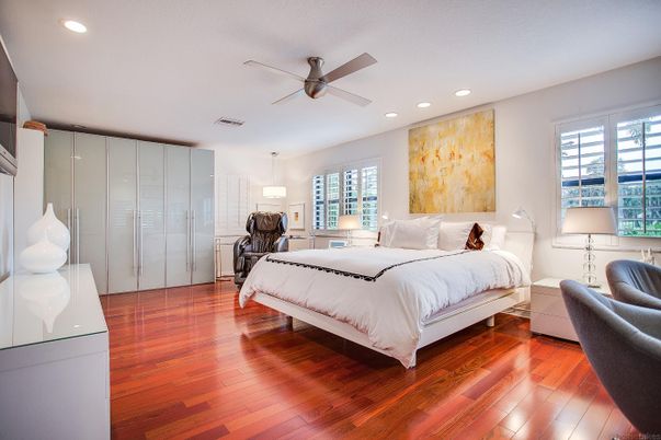 Bedroom, Interior, Recessed Lighting, Wood Texture Flooring