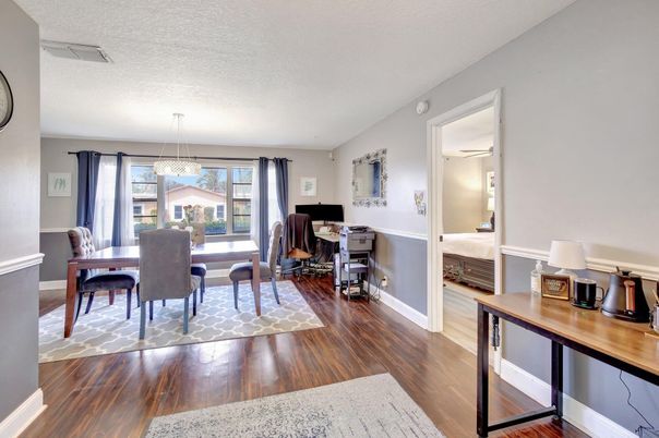 Bedroom, Chandelier, Home Office, Interior, Wood Texture Flooring
