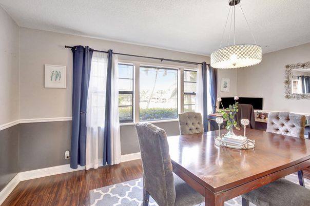 Dining room, Interior, Pendant Lights, Wood Texture Flooring