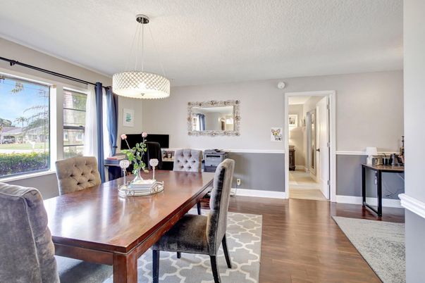 Dining room, Interior, Pendant Lights, Wood Texture Flooring