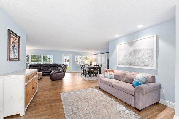 Dining room, Interior, Living room, Recessed Lighting, Wood Texture Flooring